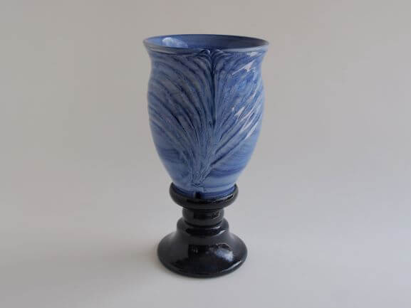 Sea blue glaze engraving tall foot vase