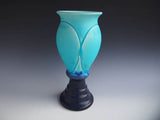 Sea blue glaze engraving tall foot vase